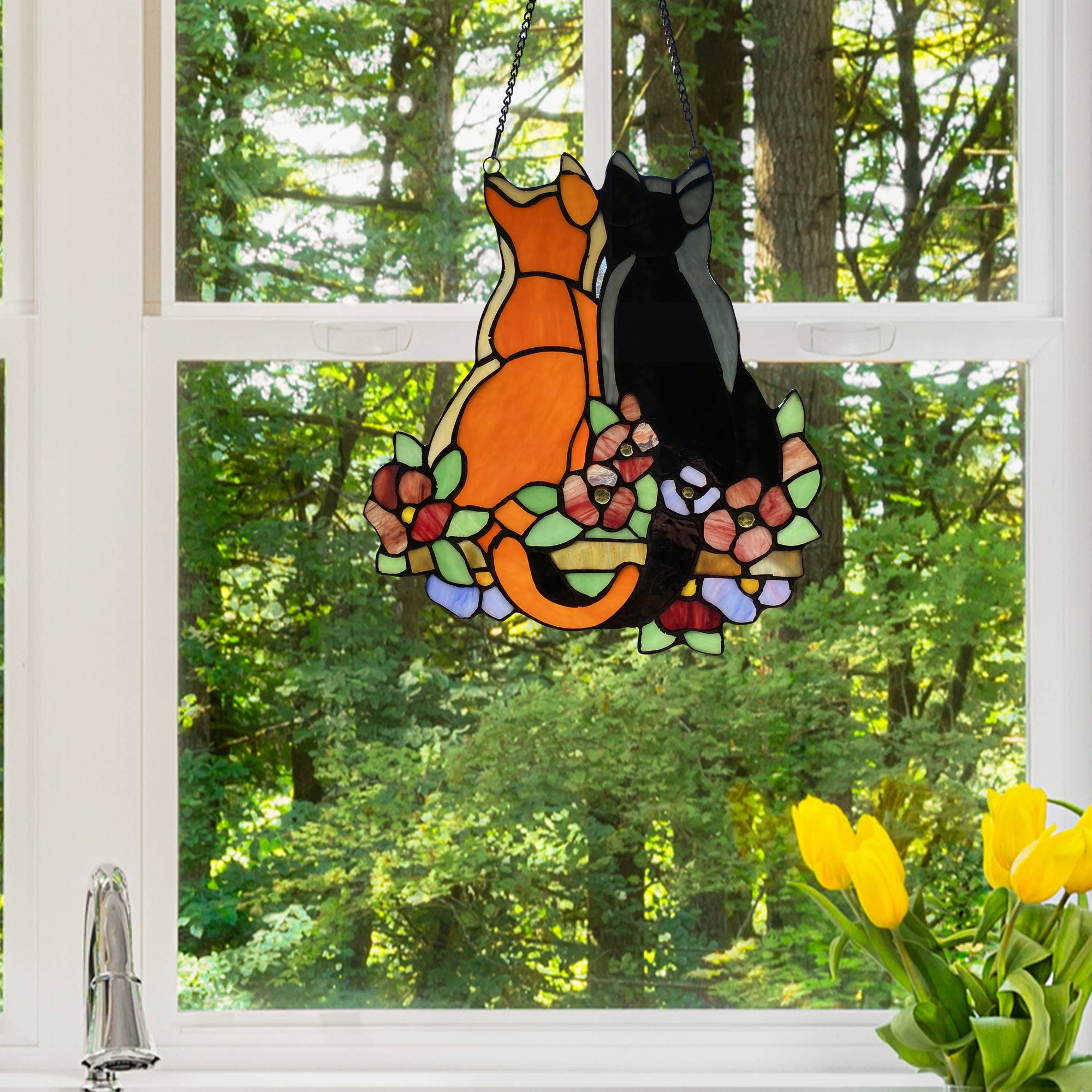 Callie Cats Orange & Black Stained Glass Window Panel 12.5"H