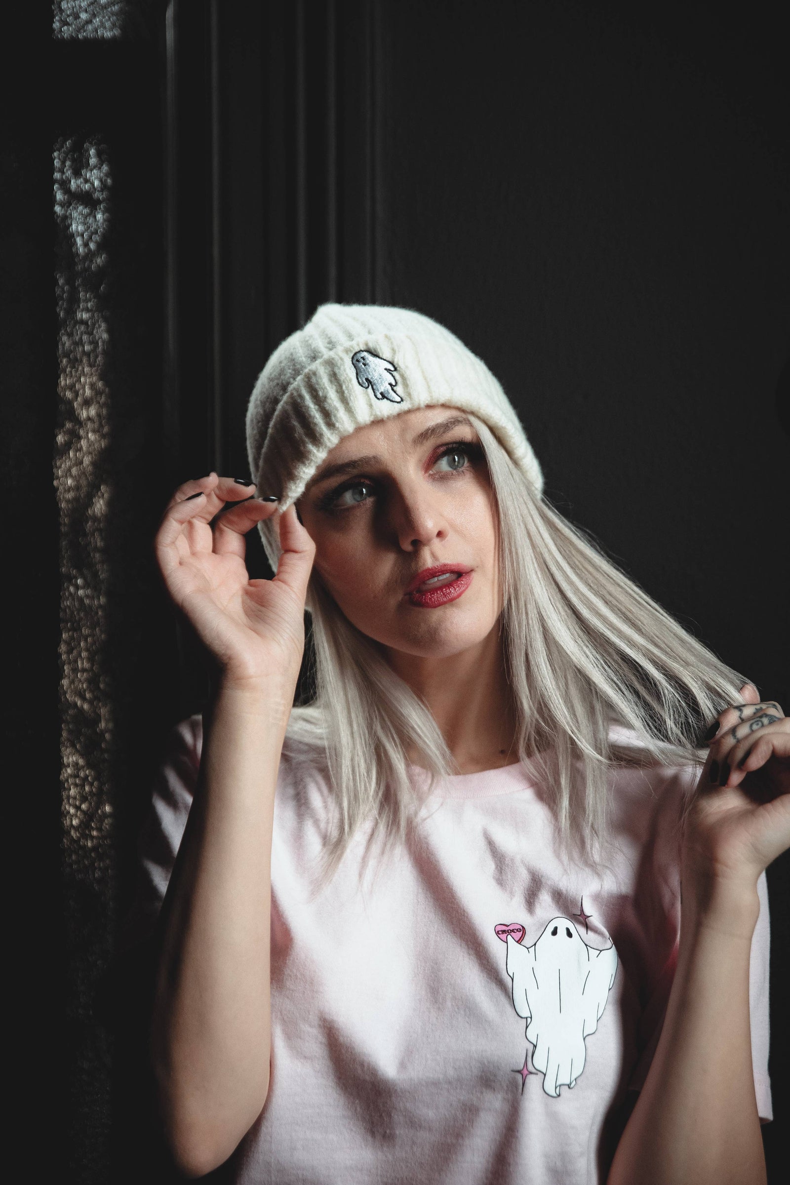 Ghost White | Ghostie Embroidered & Reversible Knit Beanie