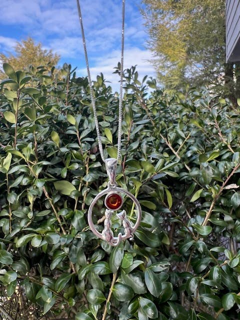 Cats looking at Moon Baltic Amber Sterling Silver Pendant