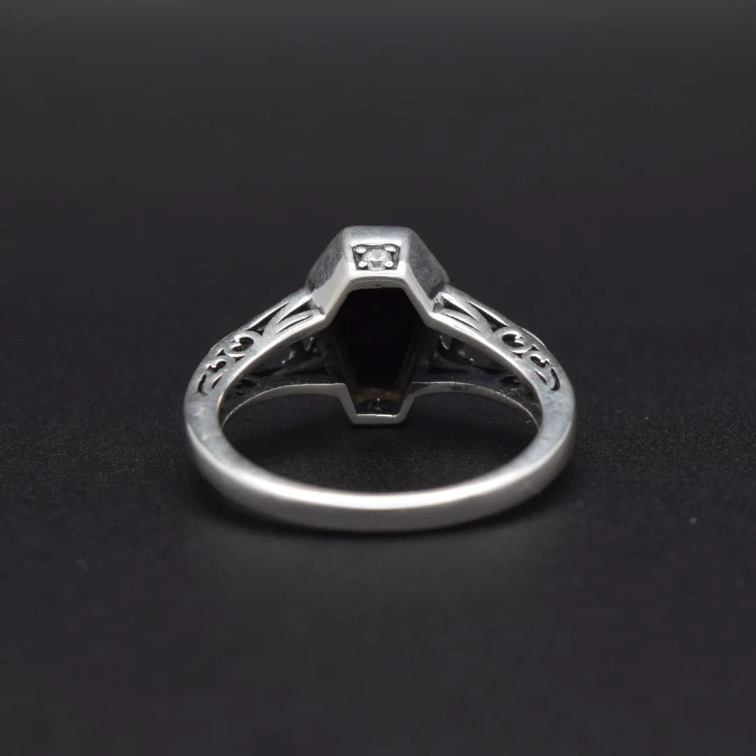 Silvaria Black Onyx Coffin Ring with Zircon Accents – Gothic Gemstone Ring