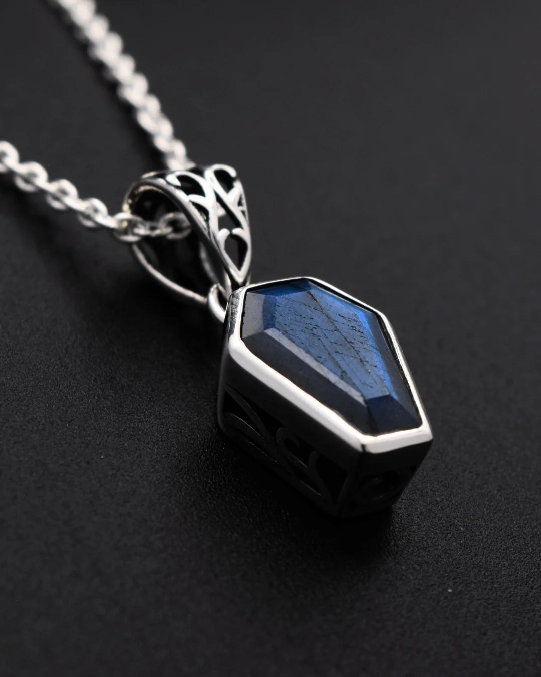 Silvaria Labradorite Coffin Necklace with Adjustable Chain – Gothic Gemstone Jewelry