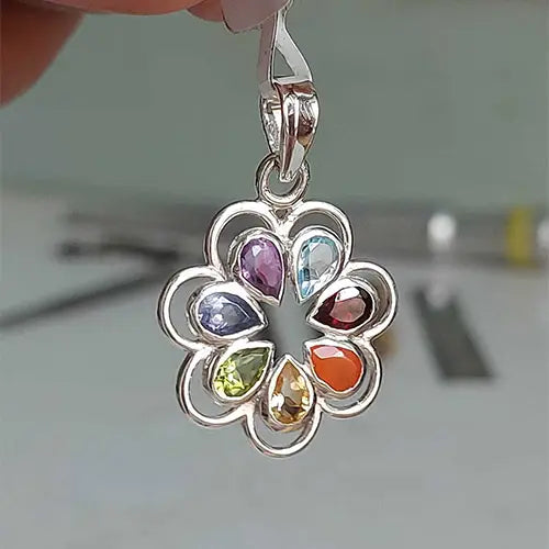 Faceted Chakra gem Flower Pendant Sterling Silver