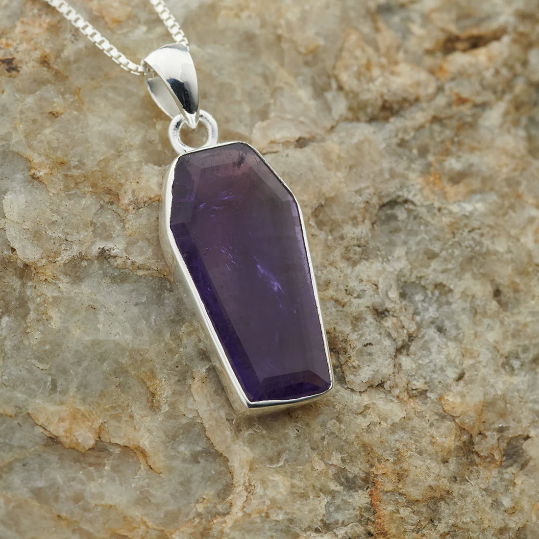 Amethyst Sterling Silver Coffin Pendant
