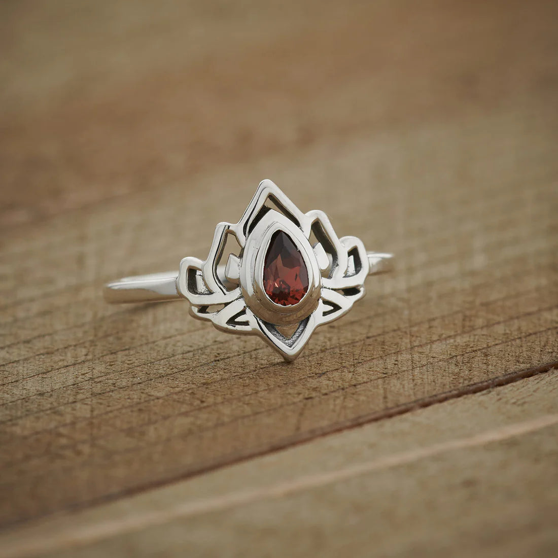 Garnet Sterling Silver Lotus Flower Ring