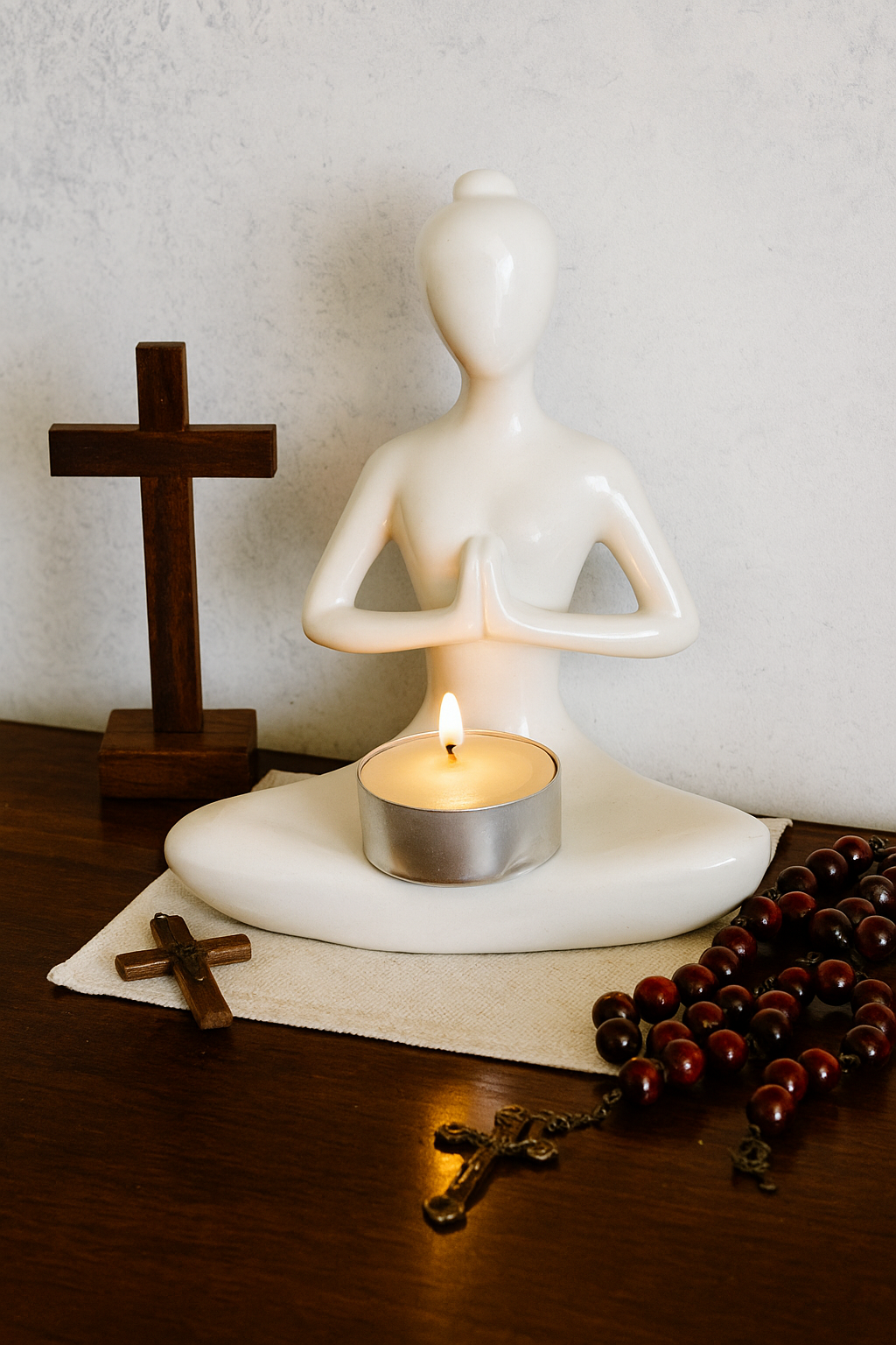 Ceramic Candle Holder - Yoga Lady Prayer - White