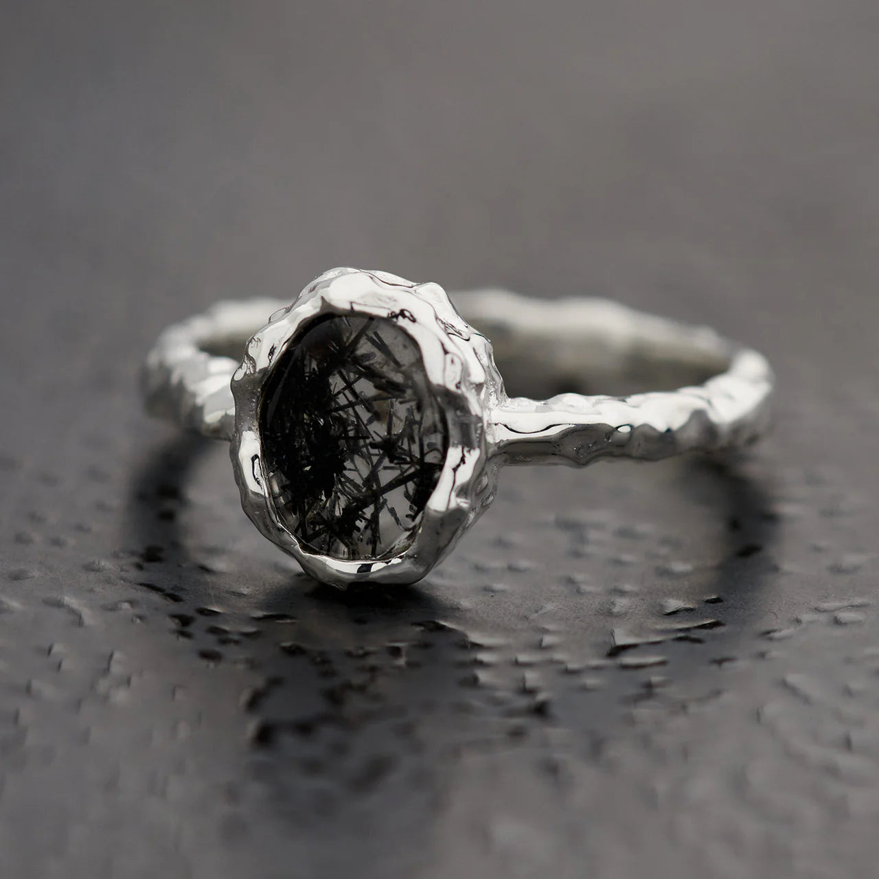 Black Rutile Oval Ring | Sterling Silver Hammered Finish
