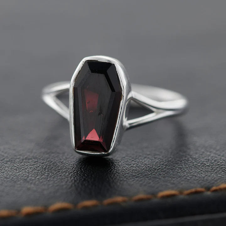 Garnet Coffin Ring Sterling Silver