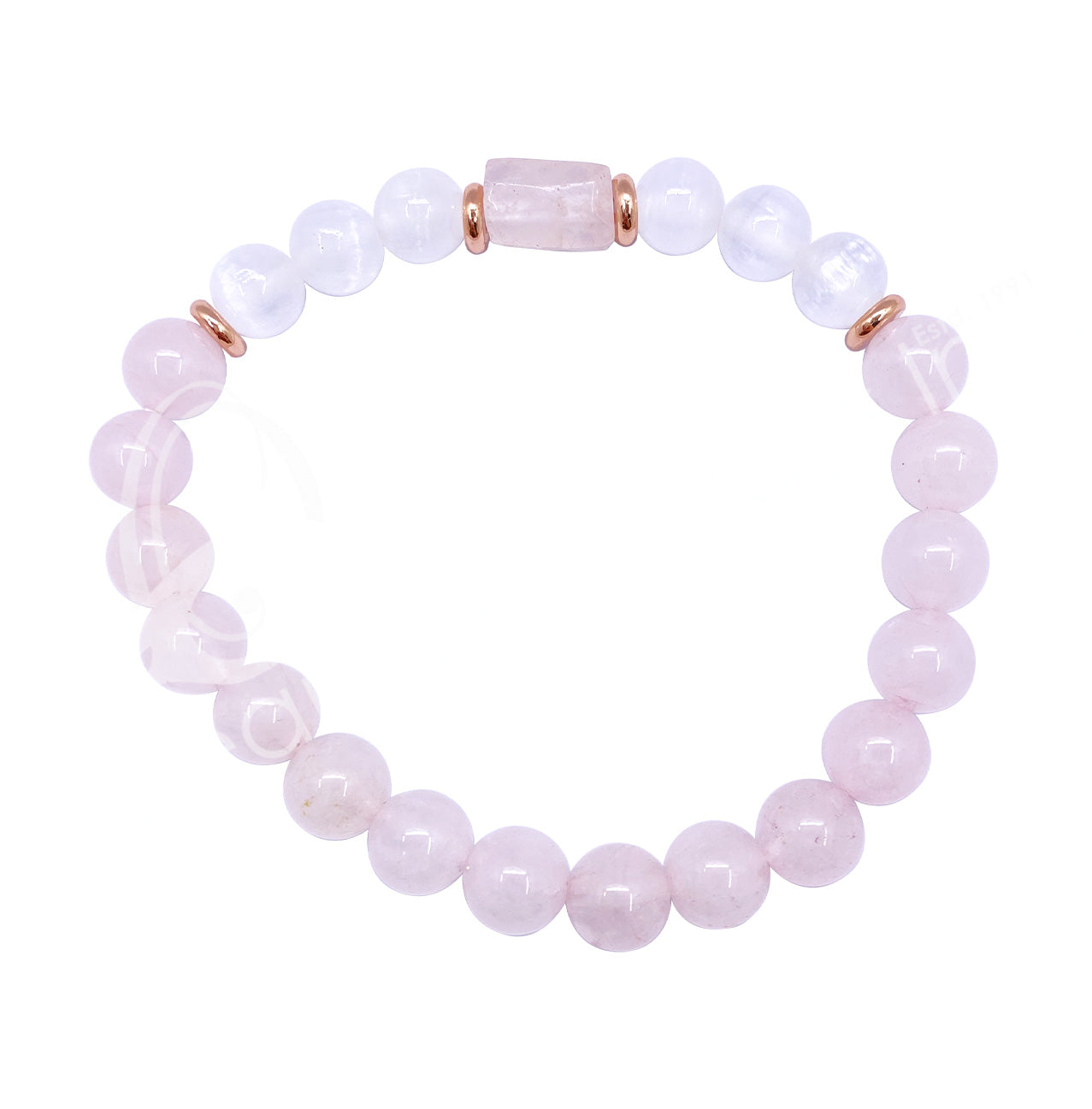 Rose Quartz & Selenite Bracelet β Cylinder Accent Bead