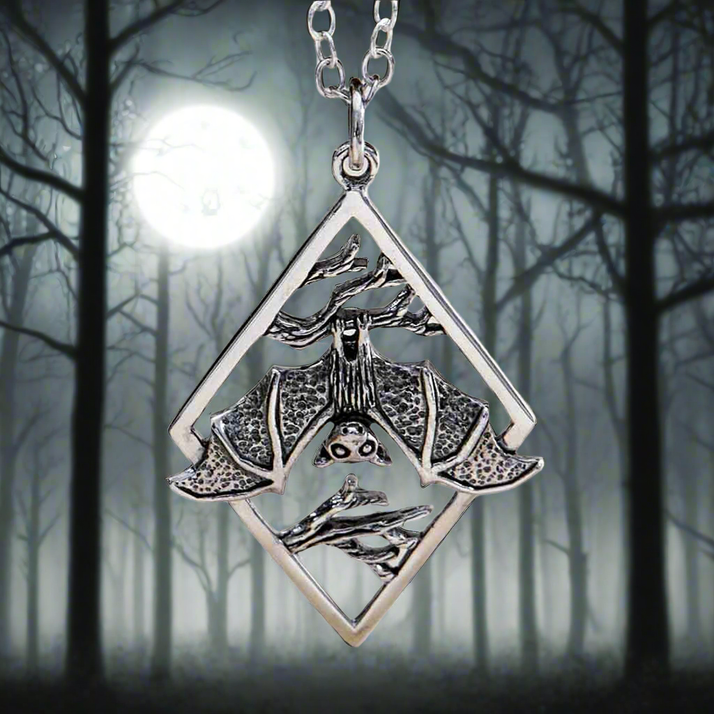 Silver Hanging Bat on Branches in Diamond Frame Necklace