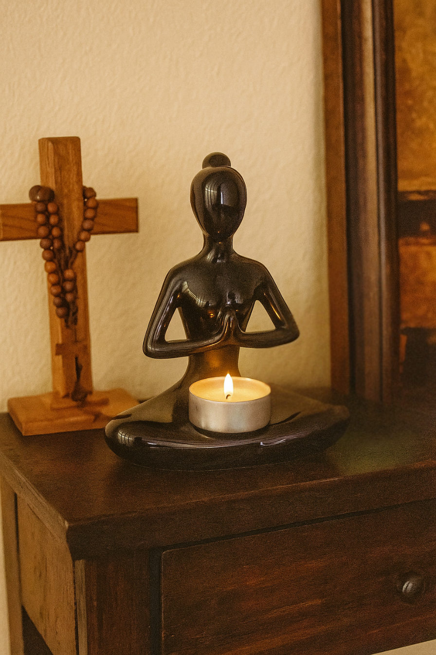 Ceramic Candle Holder - Yoga Lady Prayer - Black