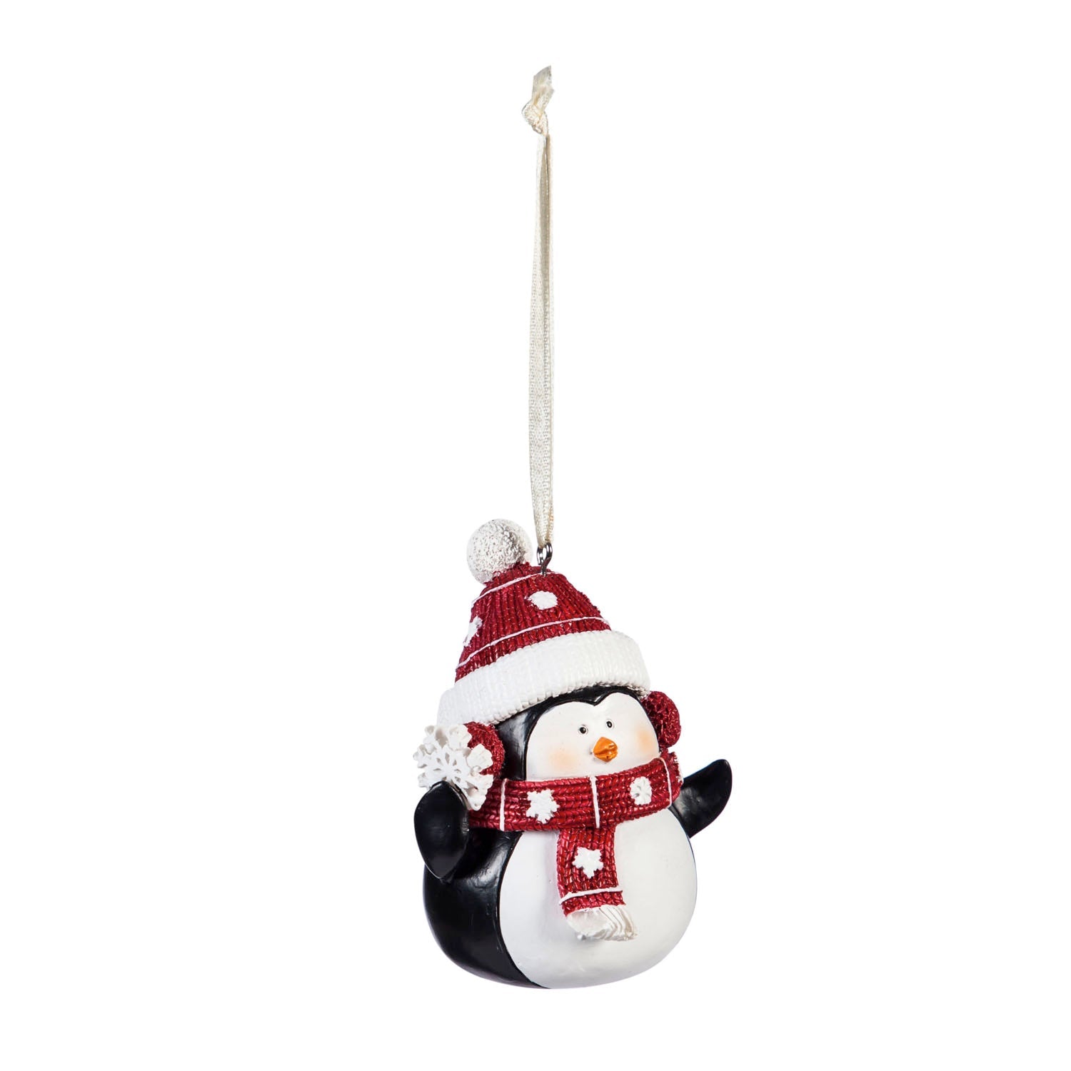Penguin Christmas ornament in a red knit hat and scarf holding a white snowflake