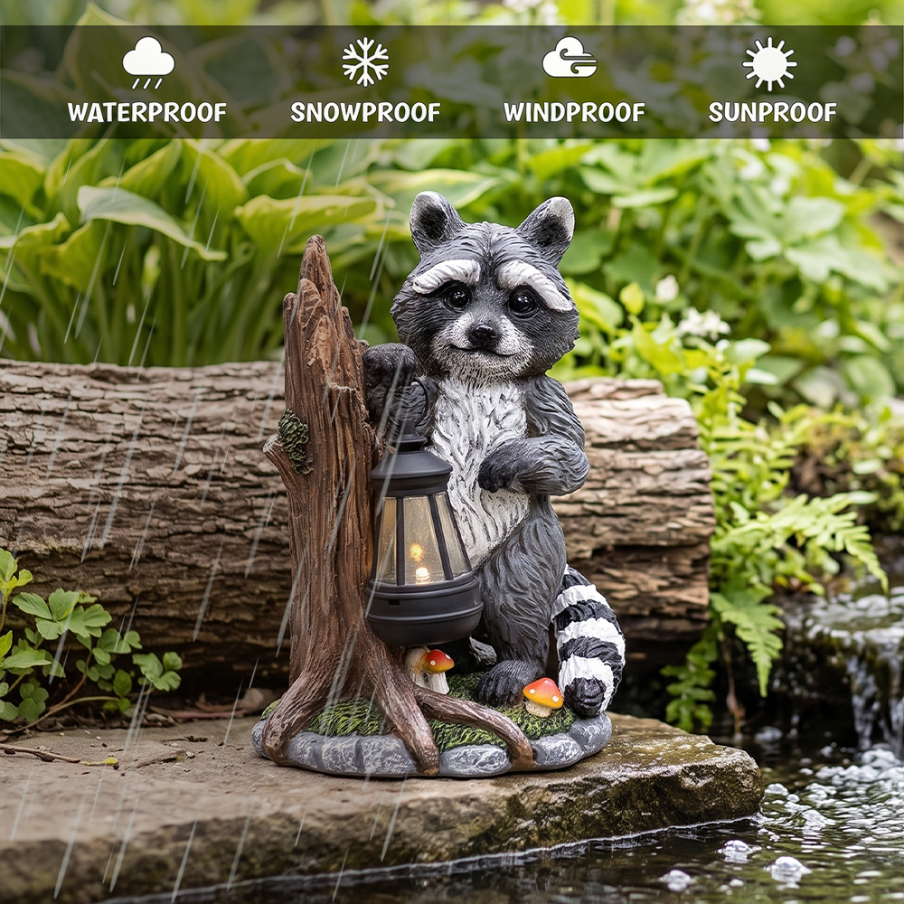 Raccoon Solar Lamp Garden Statue, 9" Lighted Animal Figurine Outdoor Decor
