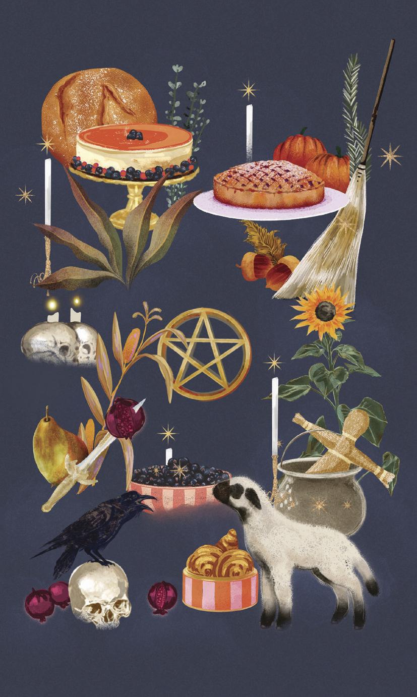 Card back of Witches of the Seasons Tarot: navy design with seasonal pies, candles, a pentacle, a raven and a lamb