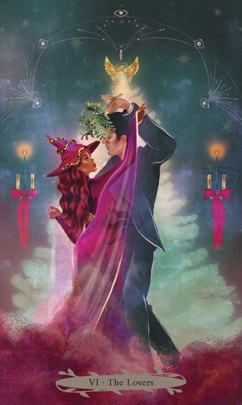 The Lovers card from Witches of the Seasons Tarot: a witch and a man dancing under mistletoe by candlelight