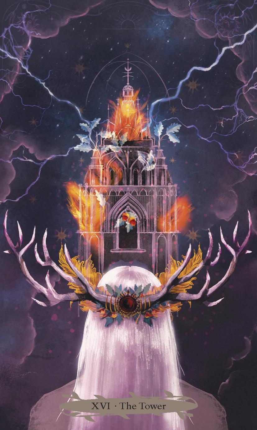 The Tower card from Witches of the Seasons Tarot: a burning Gothic tower struck by lightning above an antlered figure