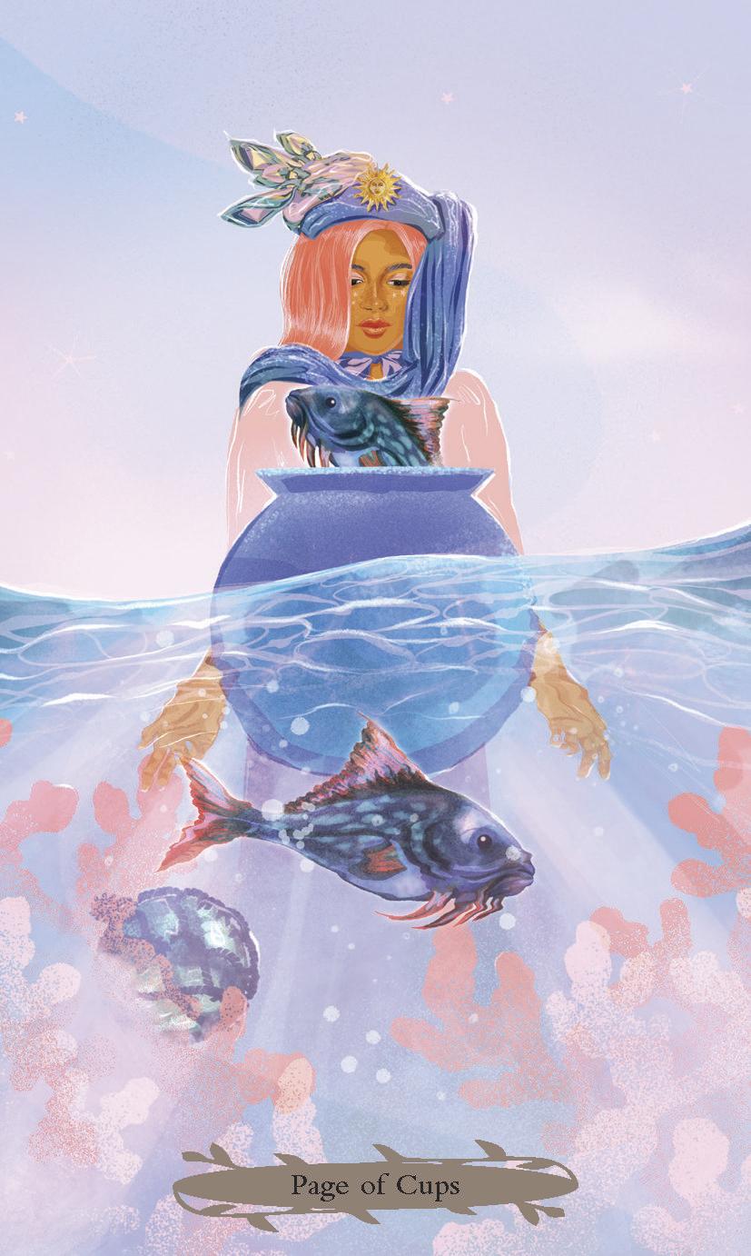 Page of Cups card from Witches of the Seasons Tarot: a woman holding a blue jar in the sea with fish and coral
