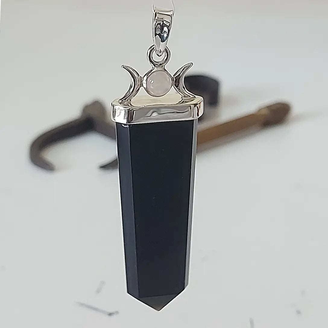 Moonstone & Black Tourmaline Triple Moon Pendant