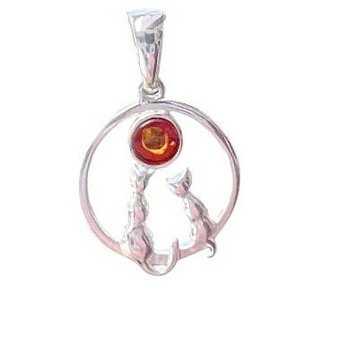 Cats looking at Moon Baltic Amber Sterling Silver Pendant
