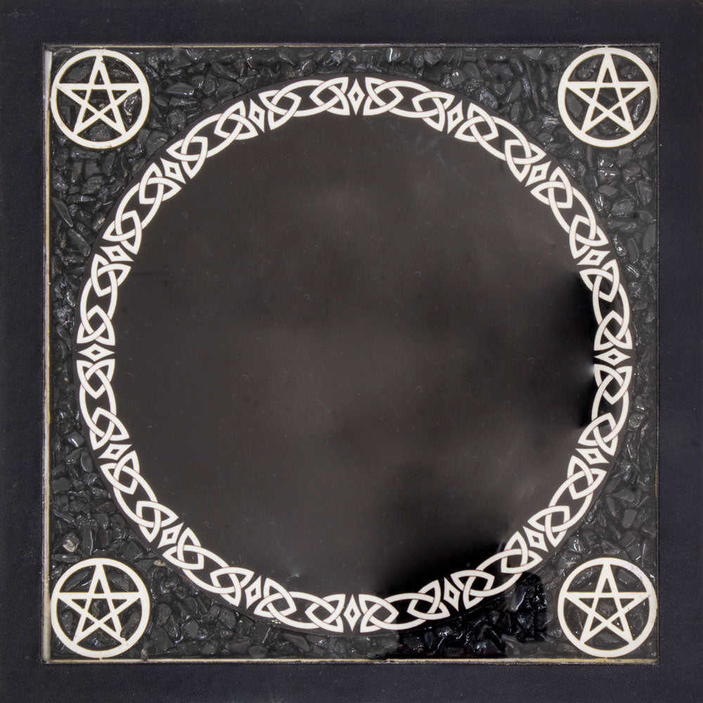 Glass Scrying Mirror with Pentacles & Black Tourmaline โ Mystical Altar Tool