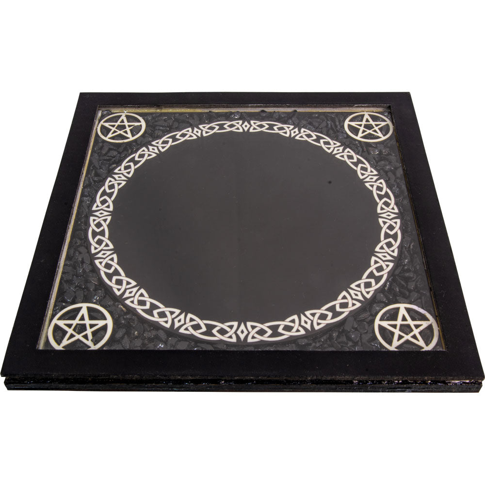 Glass Scrying Mirror with Pentacles & Black Tourmaline โ Mystical Altar Tool