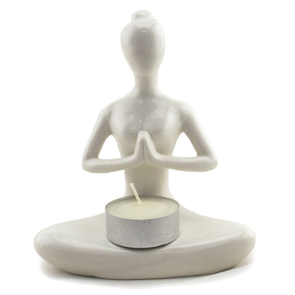 Ceramic Candle Holder - Yoga Lady Prayer - White