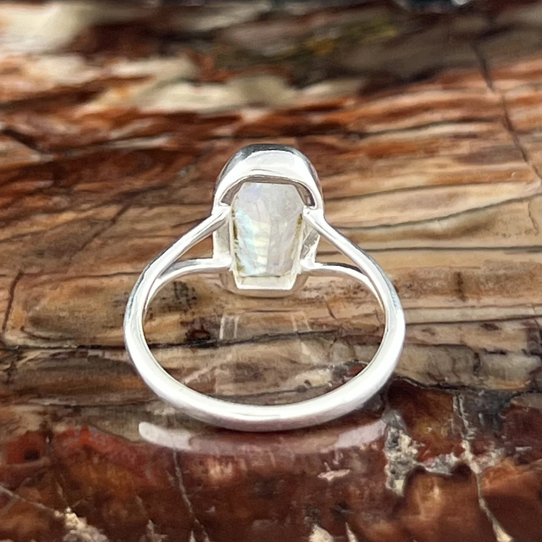 Rainbow Moonstone Coffin Ring Sterling Silver