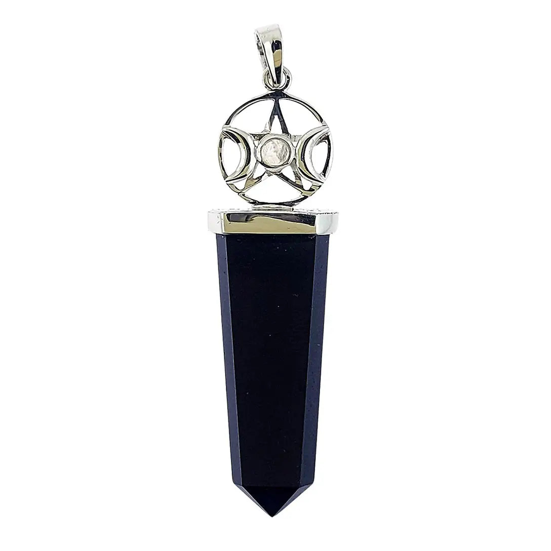 Moonstone & Black Tourmaline Triple Moon Pentacle Pendant
