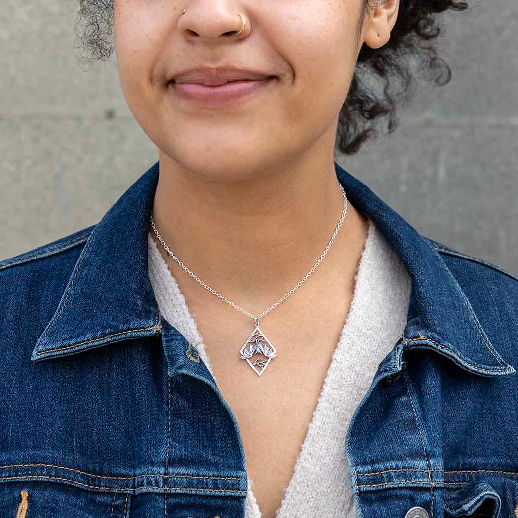 Silver Hanging Bat on Branches in Diamond Frame Necklace