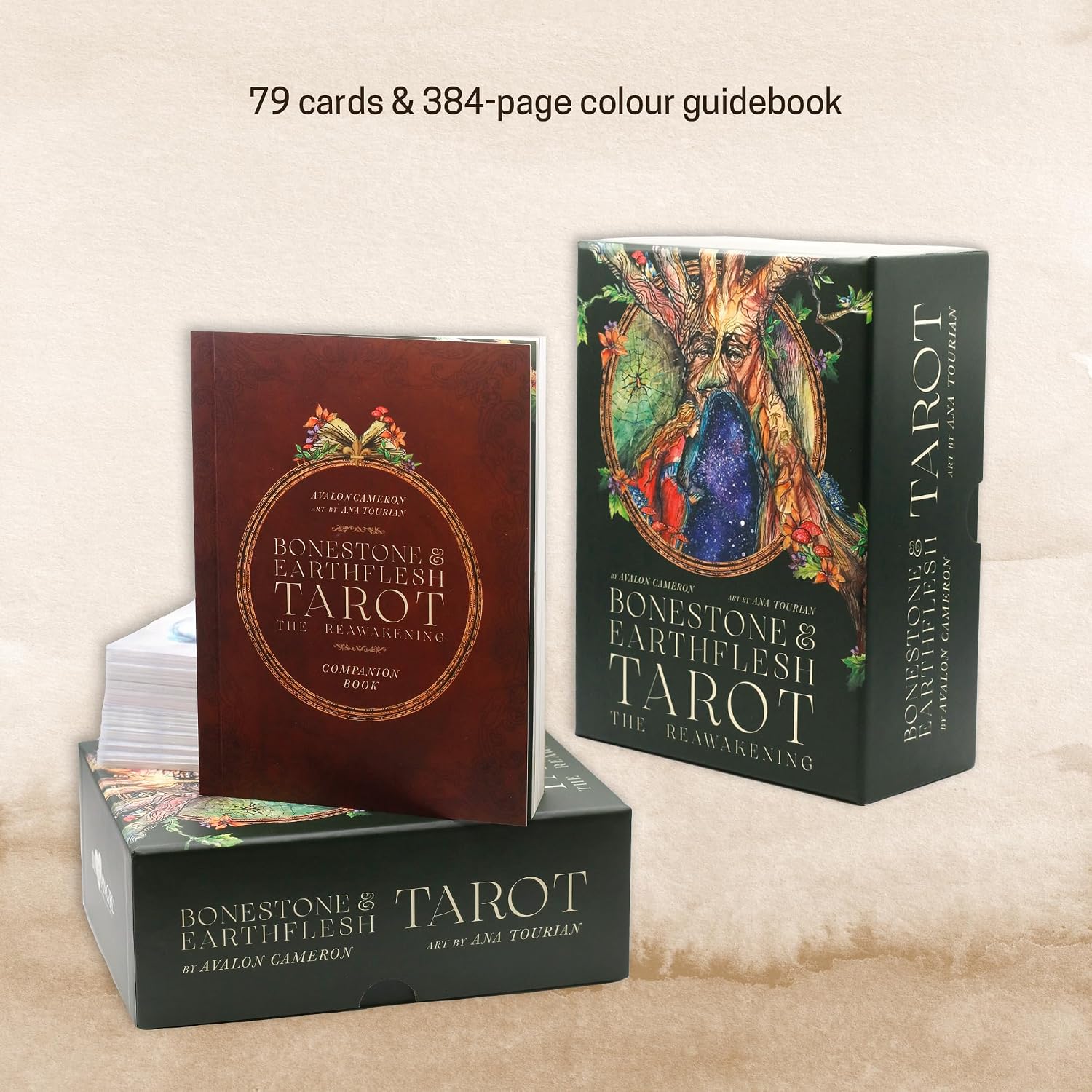 Bonestone & Earthflesh Tarot box set and companion book; text reads 79 cards & 384-page colour guidebook