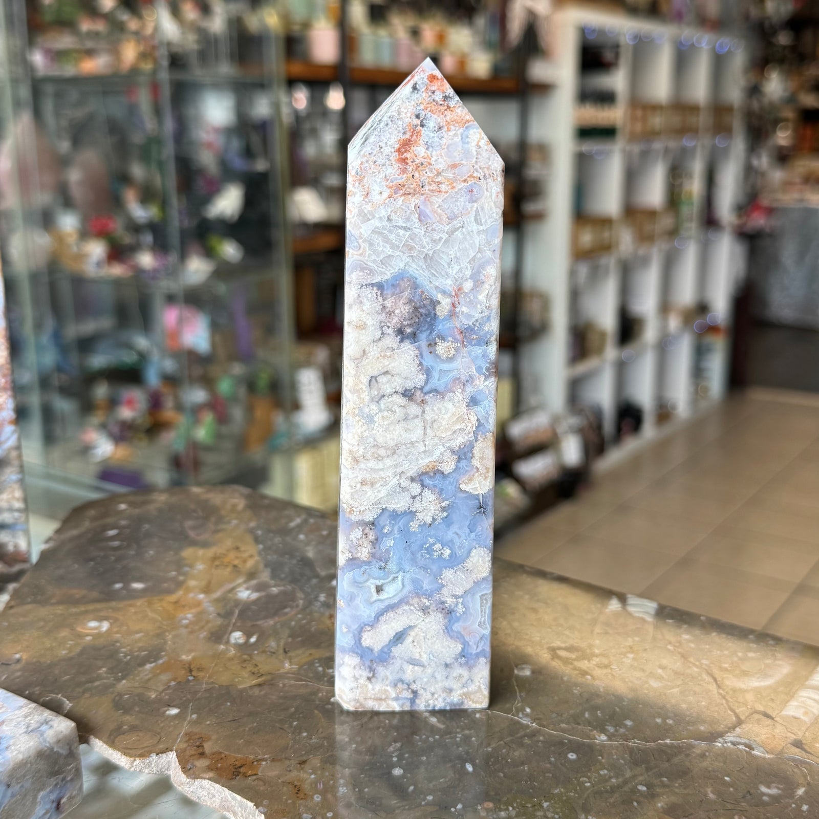 Blue Flower Agate Gemstone Point – Calming Crystal for Healing & Clarity