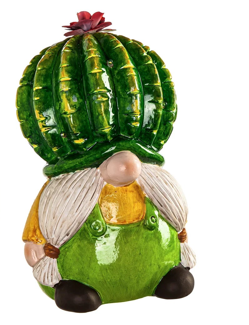 Two cactus-themed gnomes with green hats on a white background