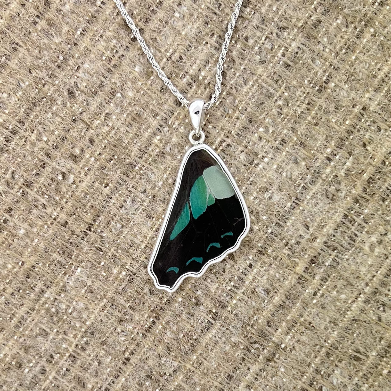 Blue Bottle Butterfly Wing Fine Silver Pendant