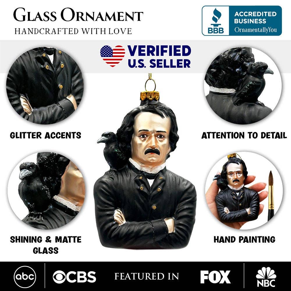 Edgar Allan Poe Glass Christmas Ornament, Spooky Halloween