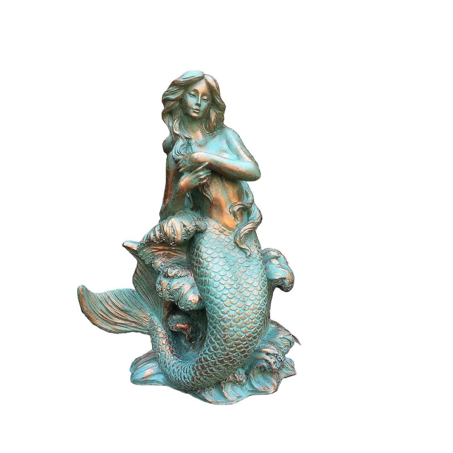 Verdigris-Finish Mermaid Statue| Coastal Pond & Patio Art | Durable Indoor/Outdoor