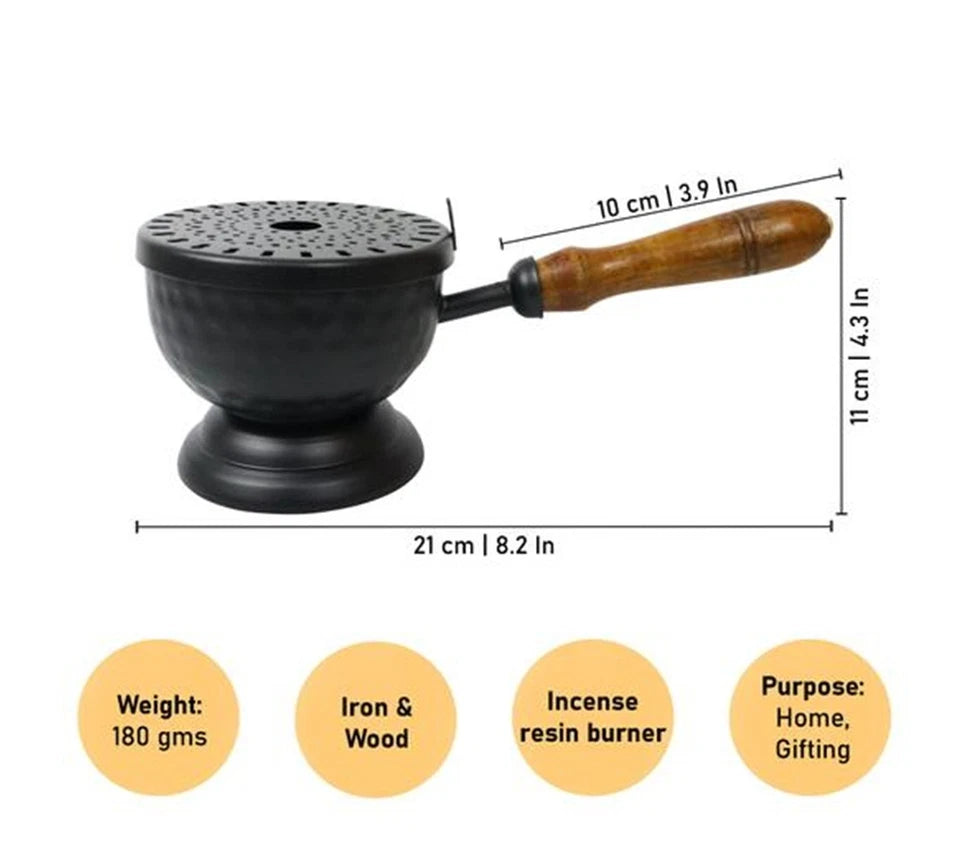 Black incense resin burner with wooden handle and measurements on a white background