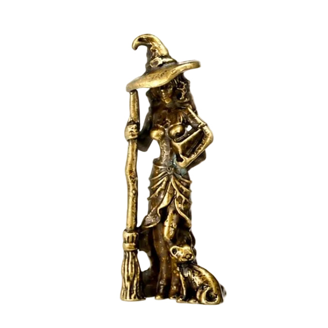 Product size and quantity graphic for a small bronze-colored witch figurine. The layout shows the figurine from multiple angles, with dimensions labeled 1.