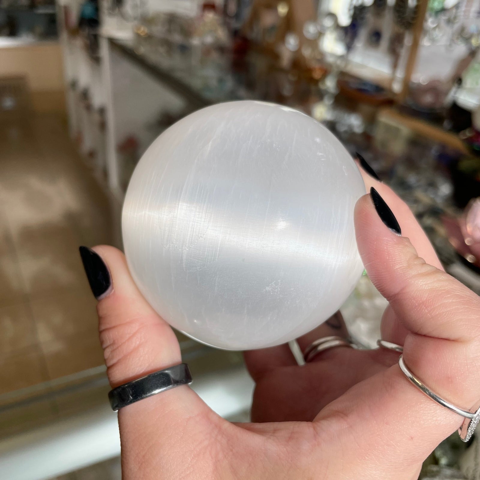 beautiful photo of the 3" selenite gemstone sphere