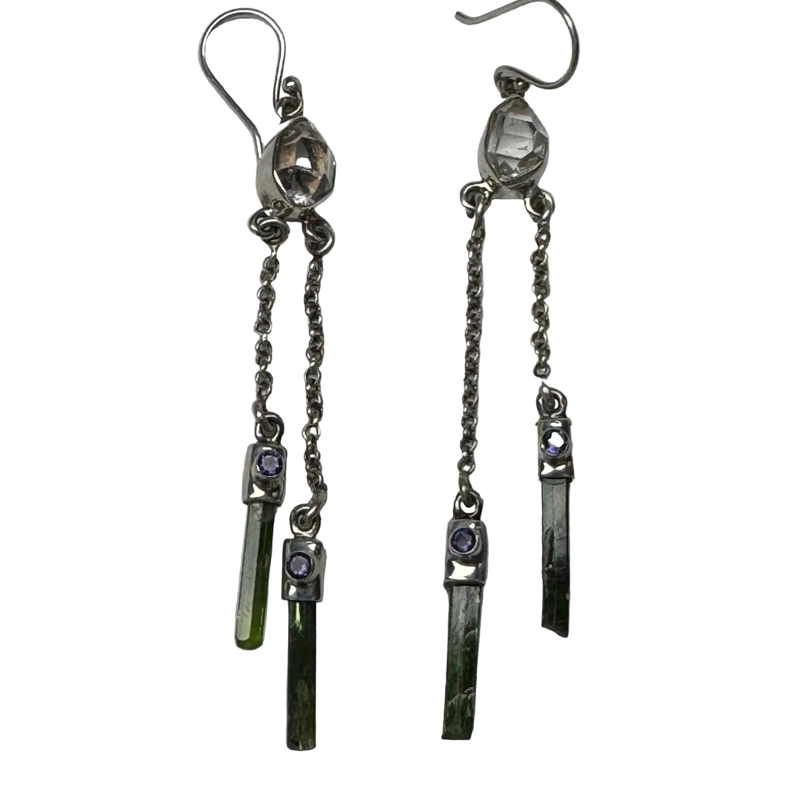 Pair of silver earrings with gemstone drops on a white background