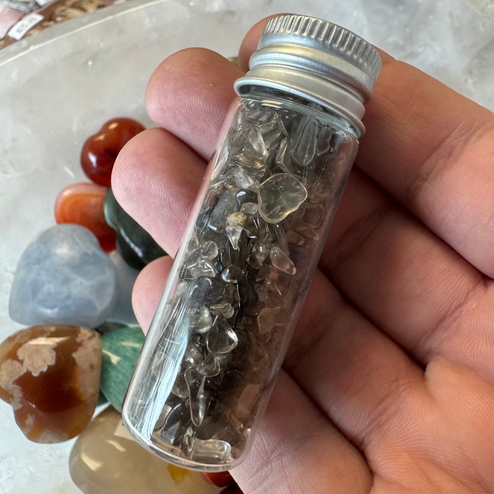 Cast a Stone Gemstone Chips in Glass Bottle | 1.5β Assorted Crystals for Altar, Crafts & Gifts
