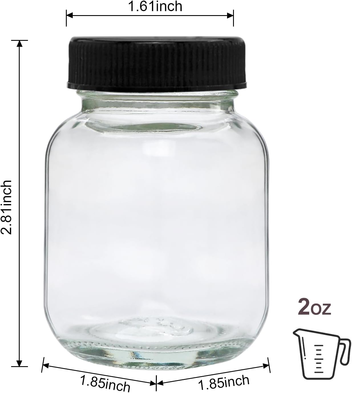 Clear glass jar with black lid and measurements on a white background