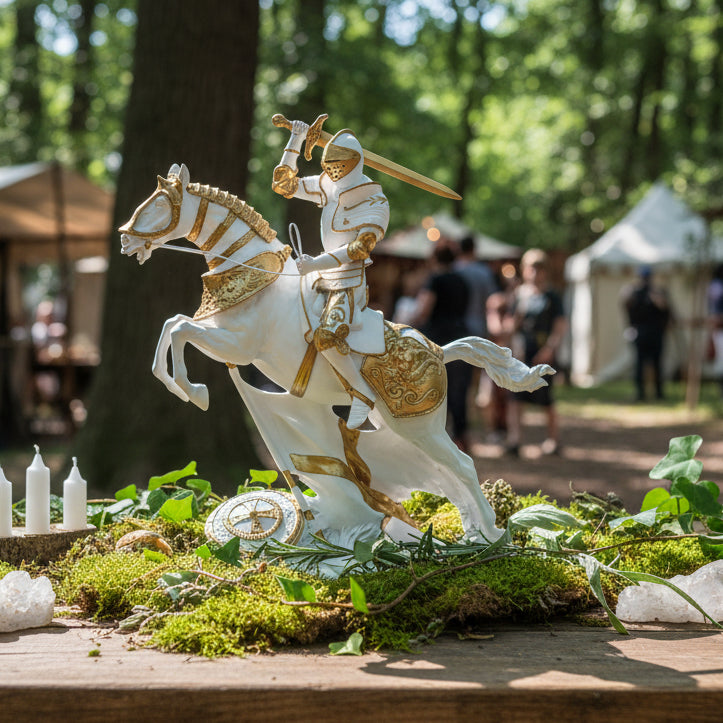 Medieval Knight Statue Cavalry Charge Figurine White Gold Gothic Decor Warrior Sculpture Fantasy Collectible Gift