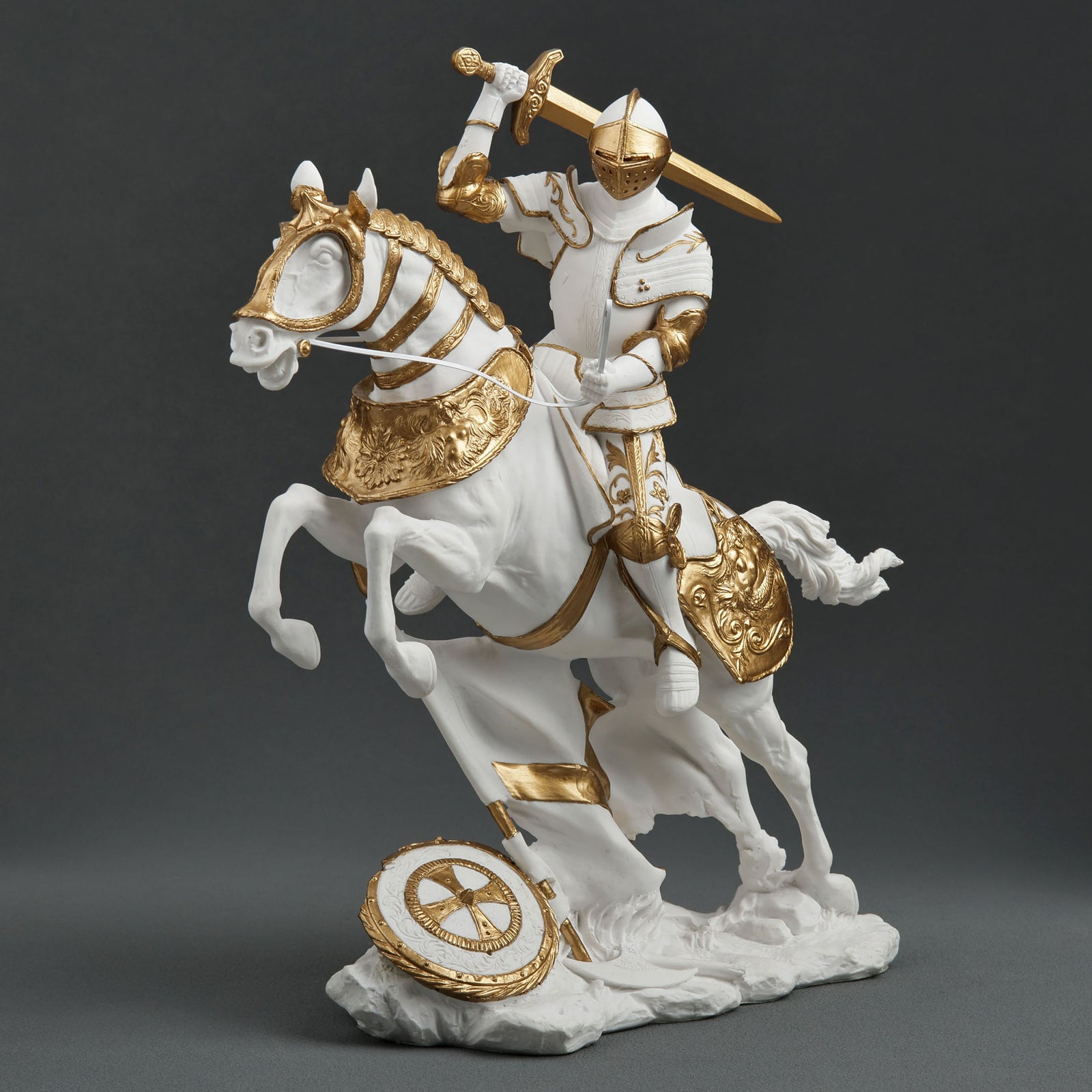 Medieval Knight Statue Cavalry Charge Figurine White Gold Gothic Decor Warrior Sculpture Fantasy Collectible Gift