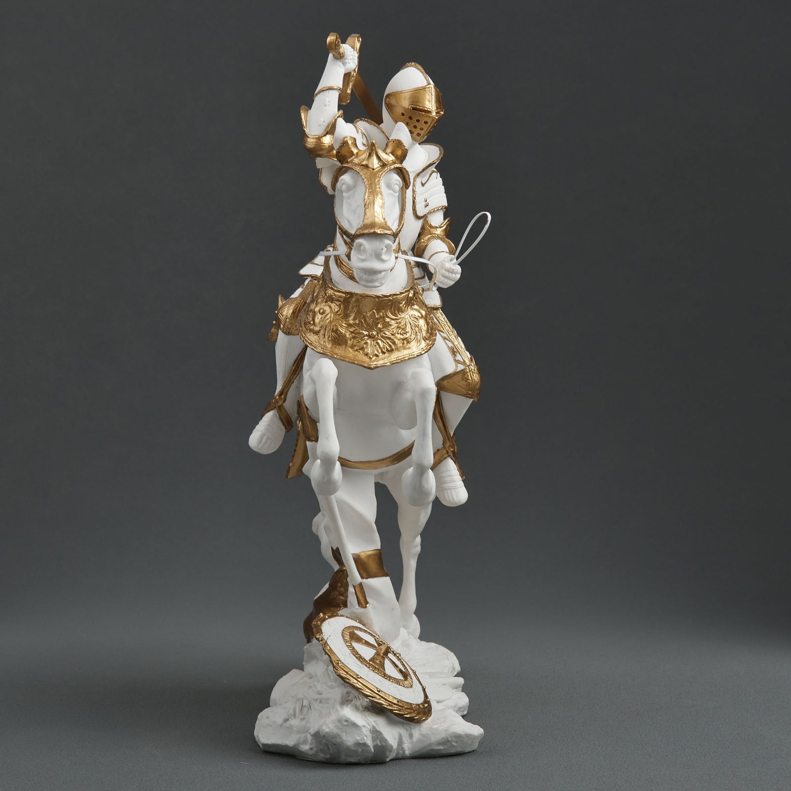Medieval Knight Statue Cavalry Charge Figurine White Gold Gothic Decor Warrior Sculpture Fantasy Collectible Gift