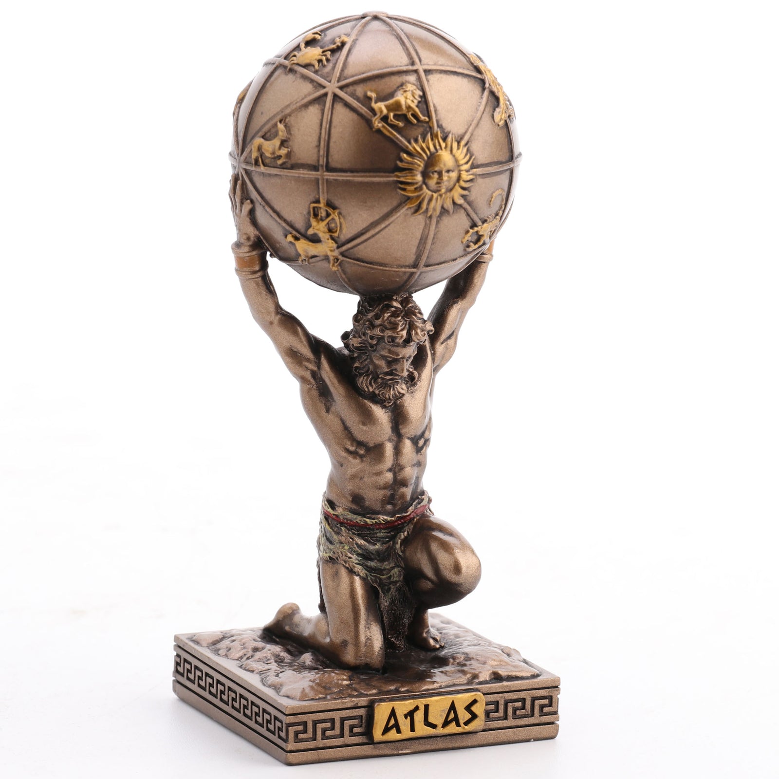 Statue of Atlas holding a celestial globe on a white background