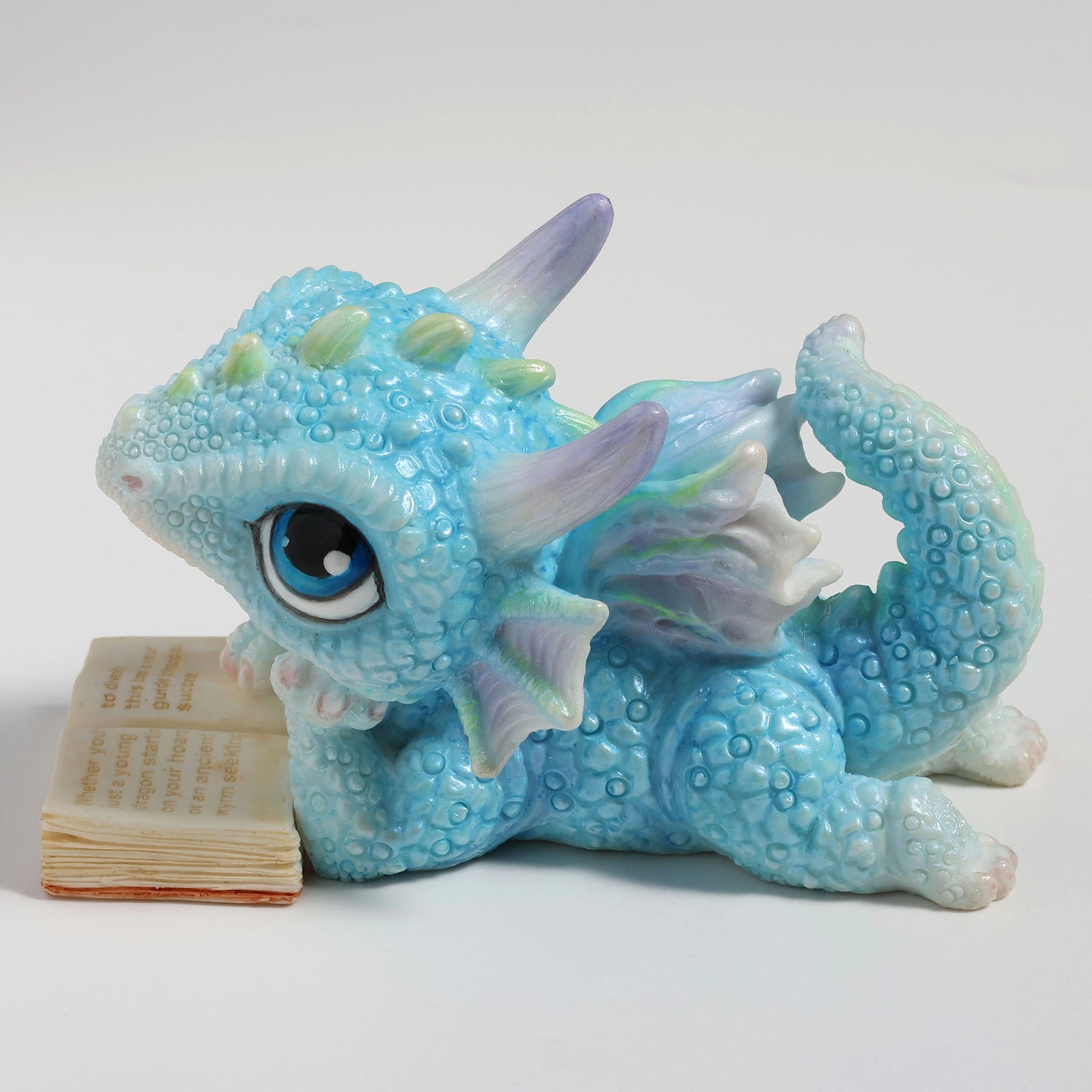 Baby Blue Reading Dragon Statue - Studying Dragon Figurine