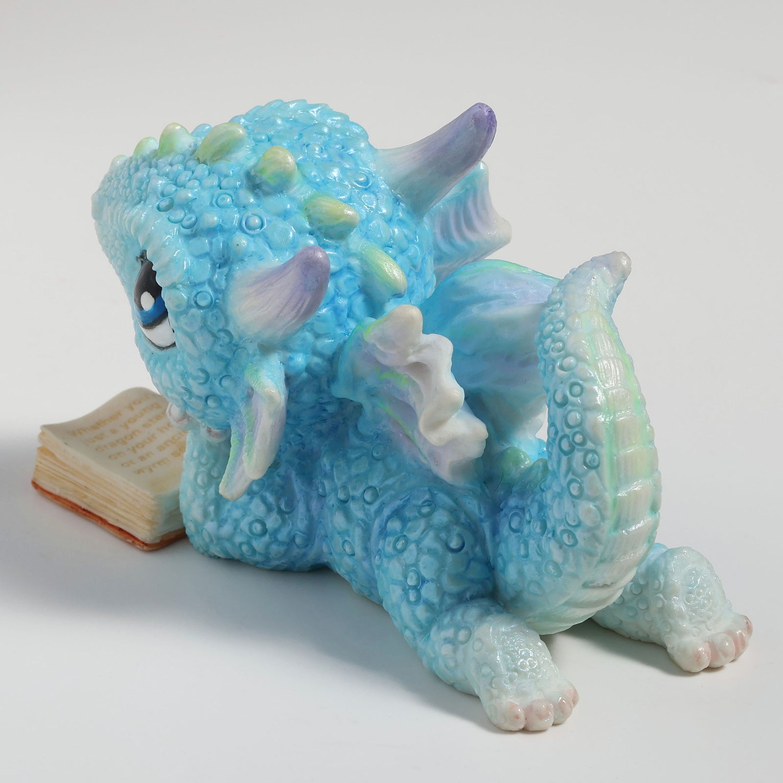 Baby Blue Reading Dragon Statue - Studying Dragon Figurine