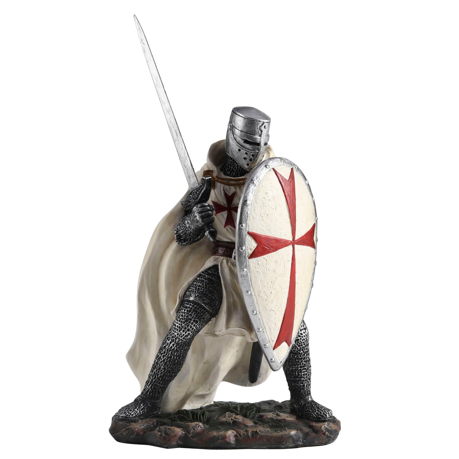Knights Templar Crusader Statue Sword & Shield - Medieval Warrior Figurine Gothic in White with Red Cross