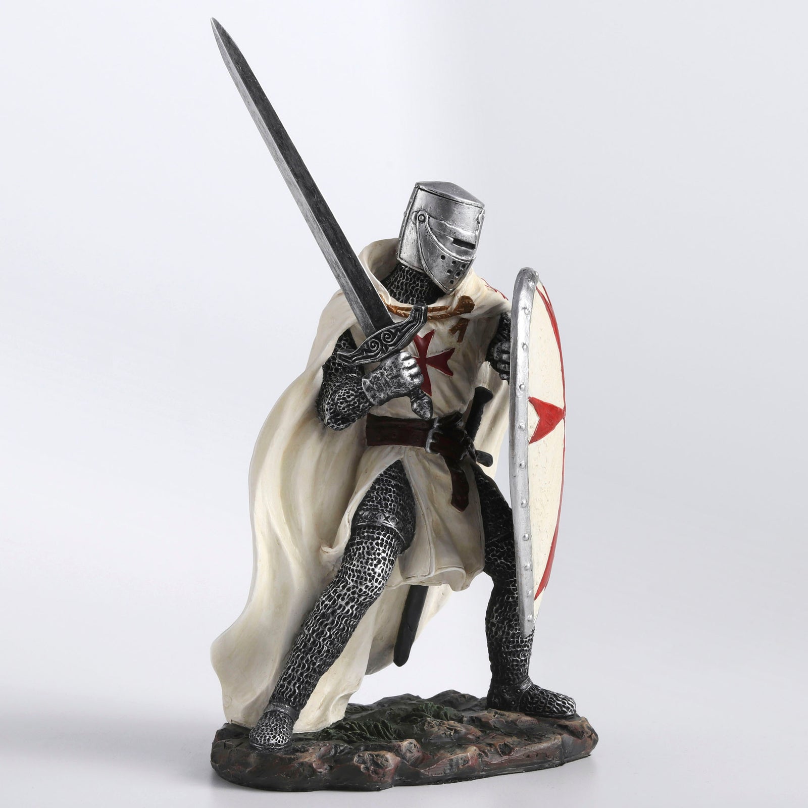Knights Templar Crusader Statue Sword & Shield - Medieval Warrior Figurine Gothic in White with Red Cross