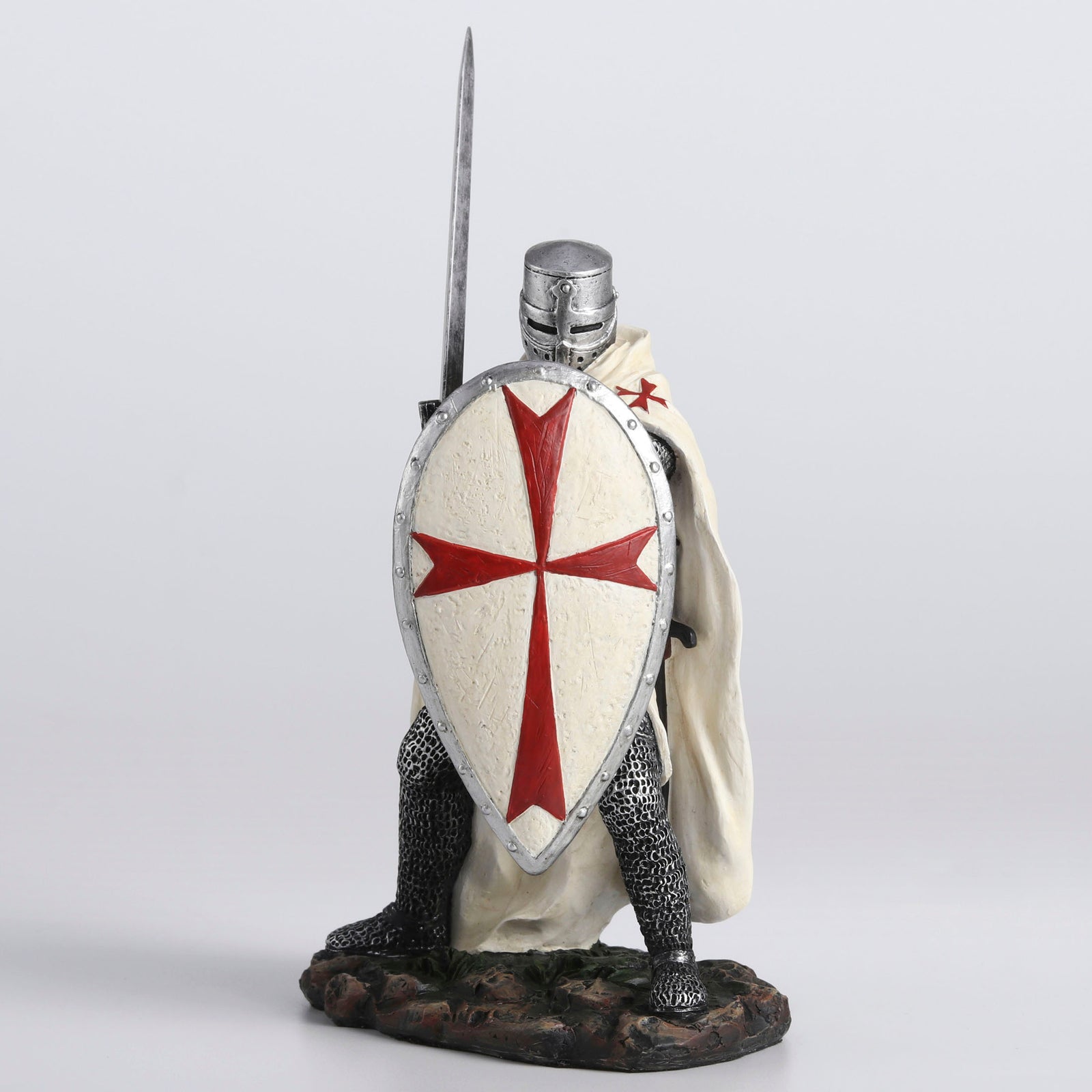 Knights Templar Crusader Statue Sword & Shield - Medieval Warrior Figurine Gothic in White with Red Cross