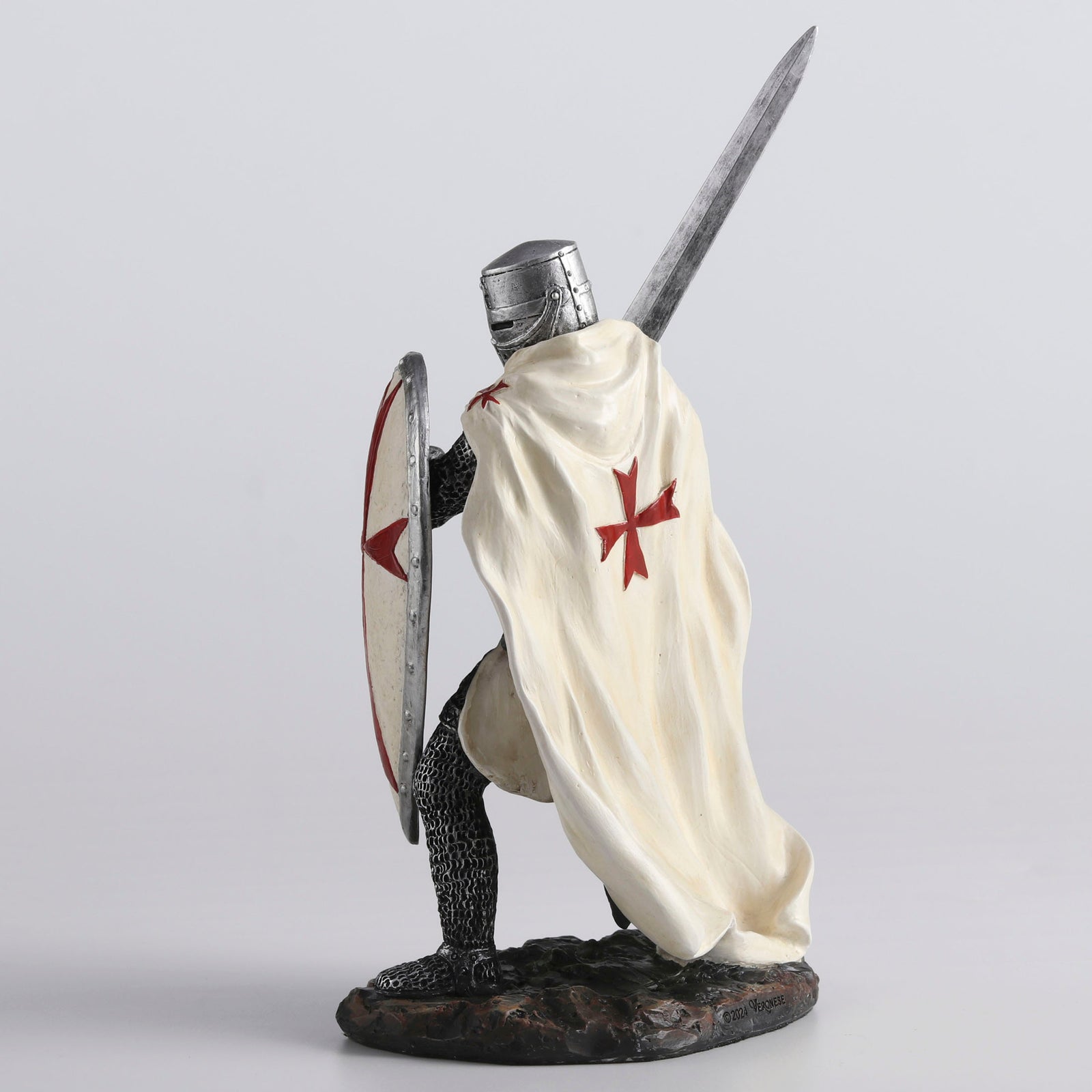 Knights Templar Crusader Statue Sword & Shield - Medieval Warrior Figurine Gothic in White with Red Cross
